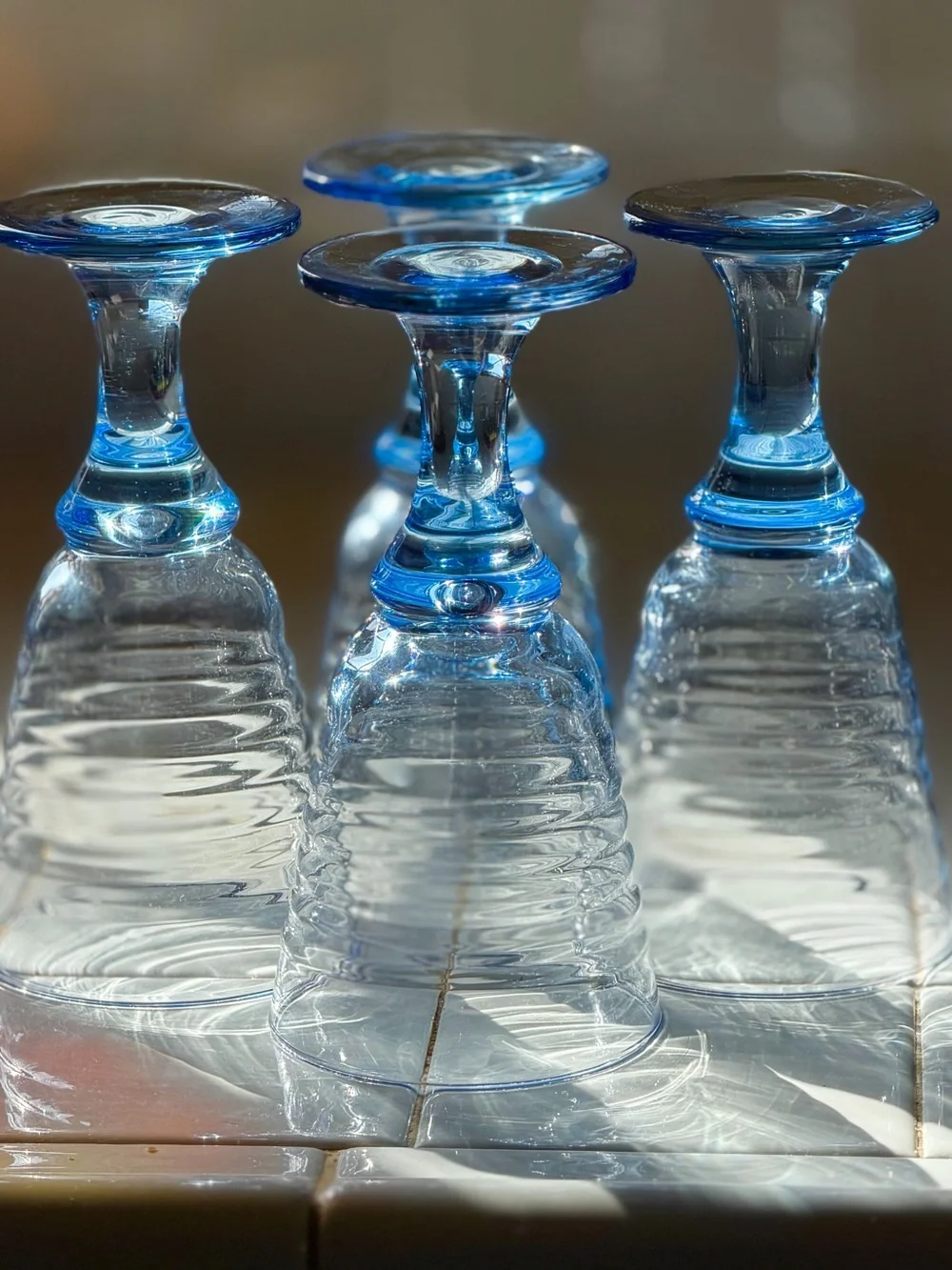 Set of Four, Vintage 90s Blue Ribbed Glass Goblets - Set of Decorative Glasses